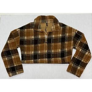 Zaful Plaid Cropped Teddy Bear Fleece Zip Up Jacket Size 4 950A